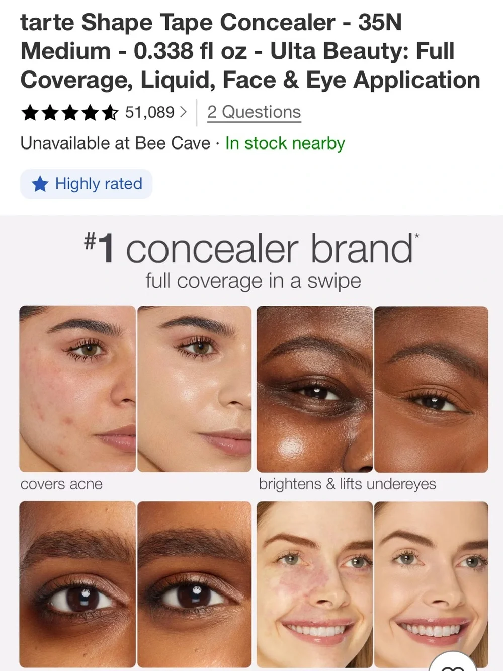 tarte Shape Tape Concealer in Medium (35N) - Cream Beige